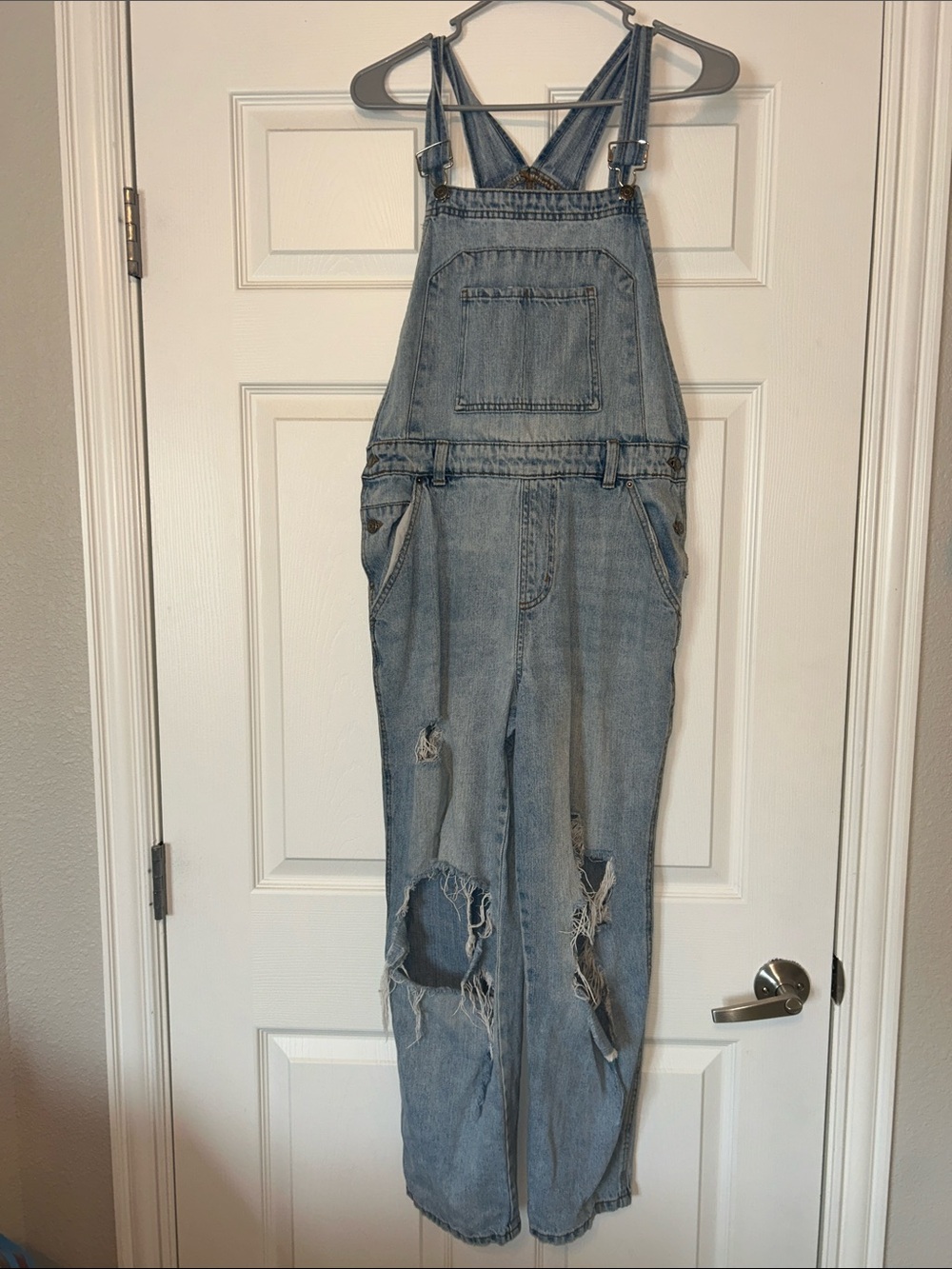 Light Blue Distressed Denim Overalls